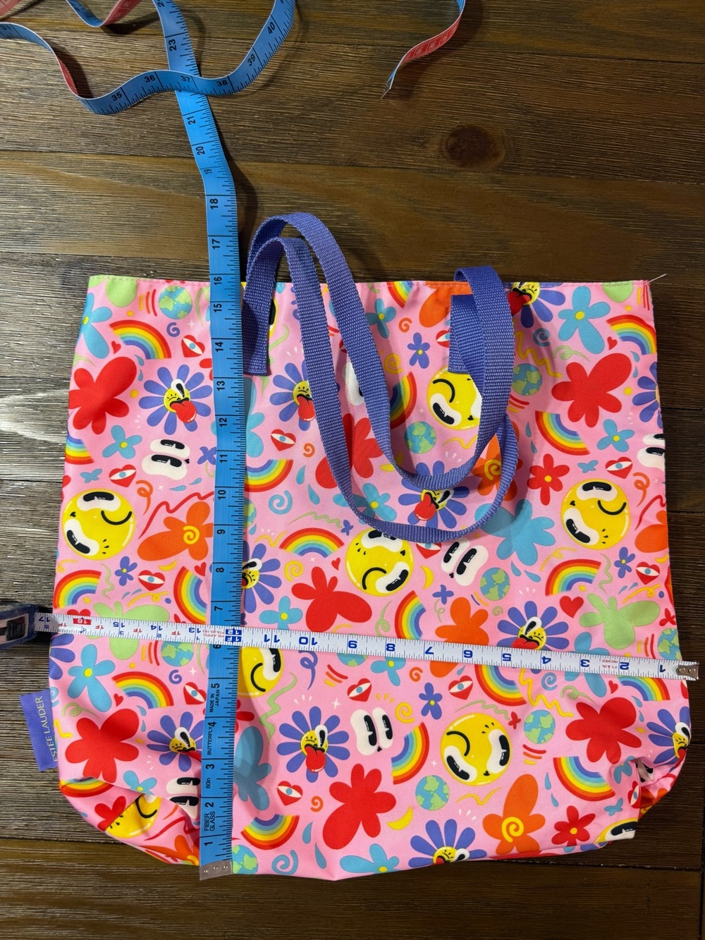 Estee Lauder Pink Rainbow & Emoji Tote with Purple Handles